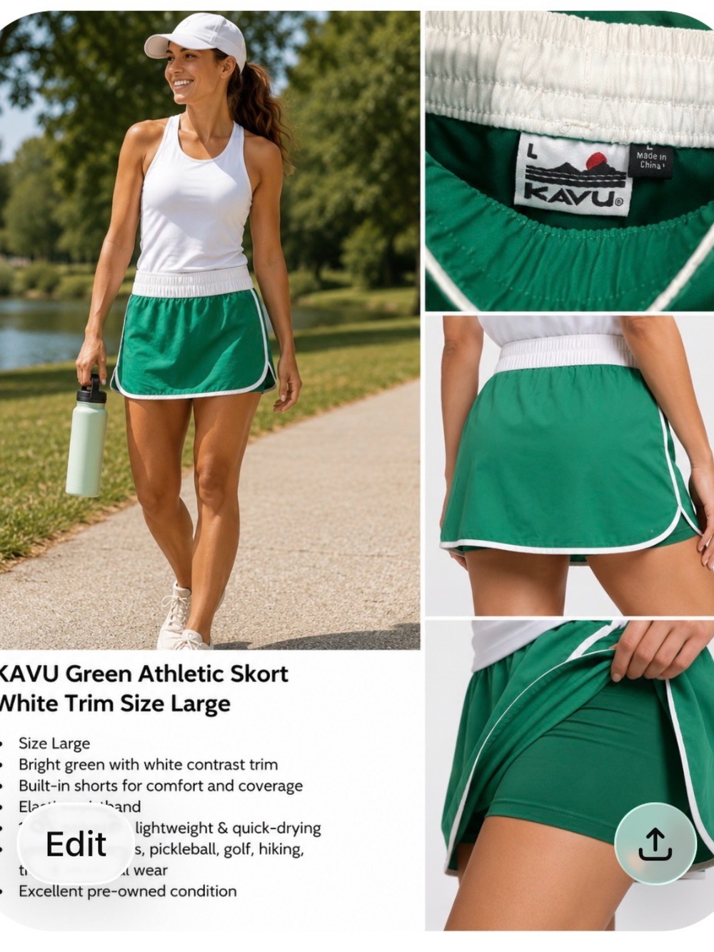 KAVU Green Athletic Skort White Trim Size Large Tennis Golf Active Skirt